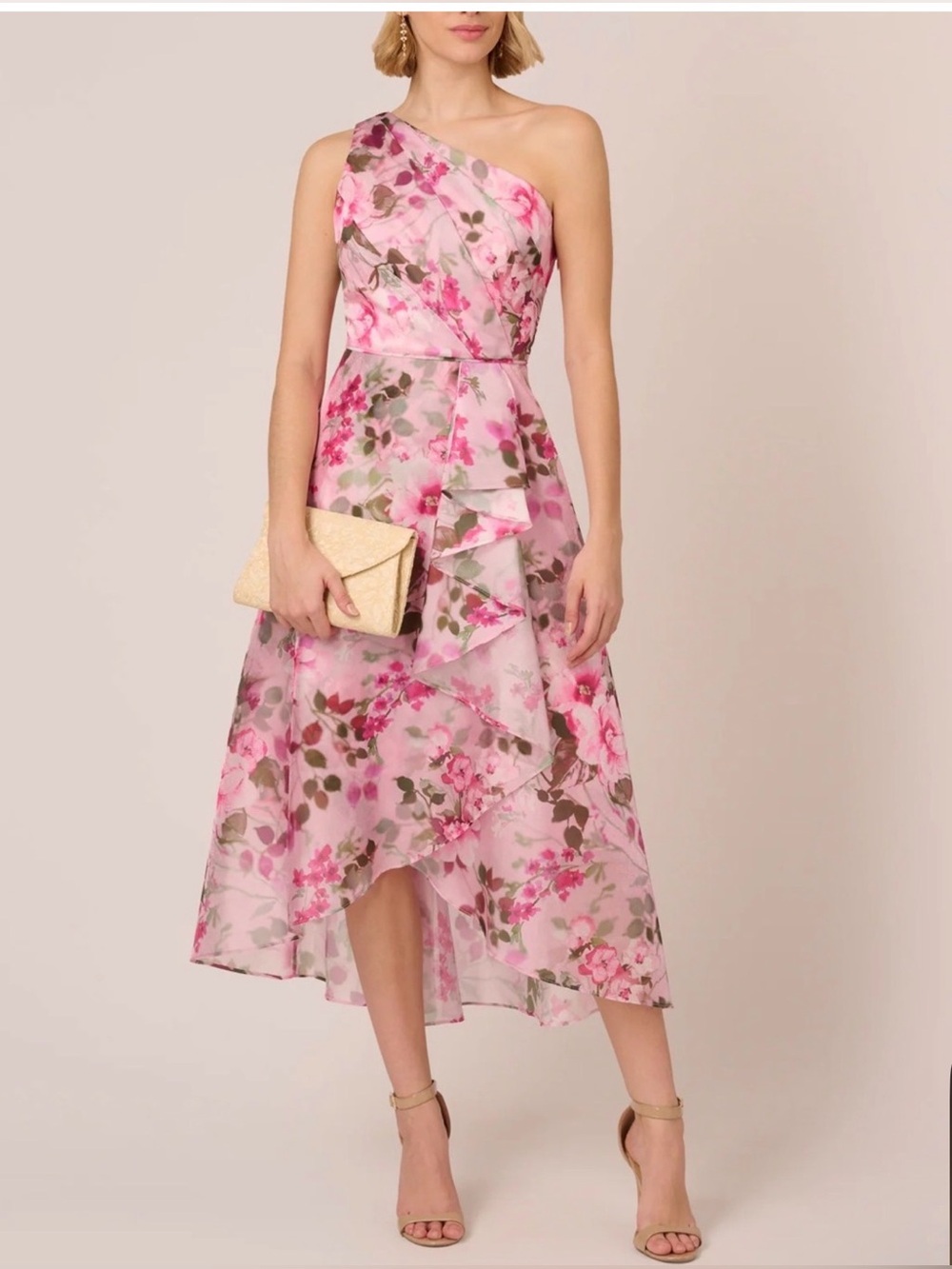 Adrianna Papell Pink Multi Floral High-Low Dress Size 16 NWT Shimmer Chiffon